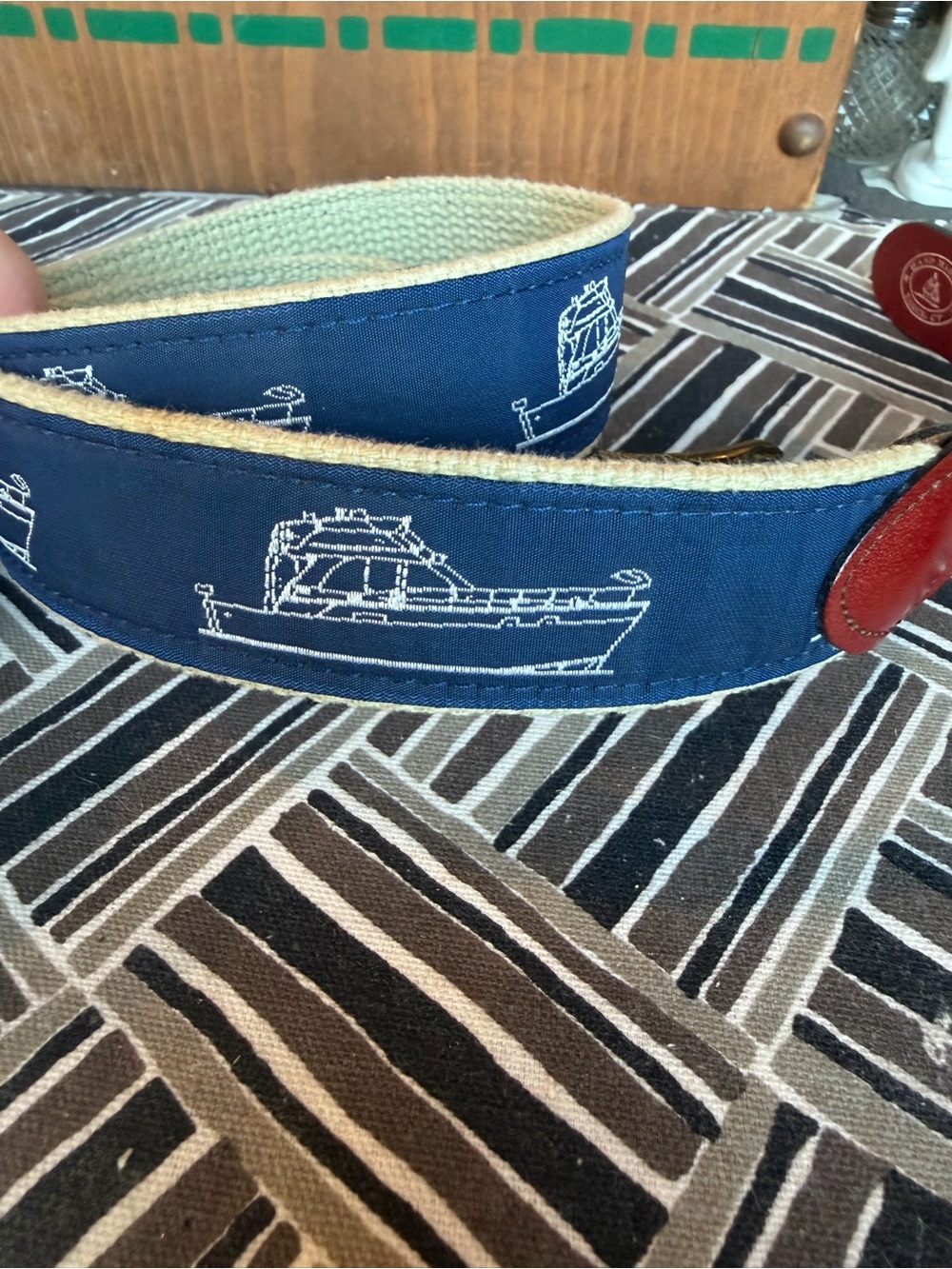 Navy Boat-Print Canvas Belt Sz 30